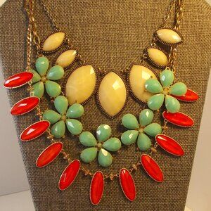 Lot of 3 Three Statement Necklaces Floral Abstract Cream Red & Turquoise Tones